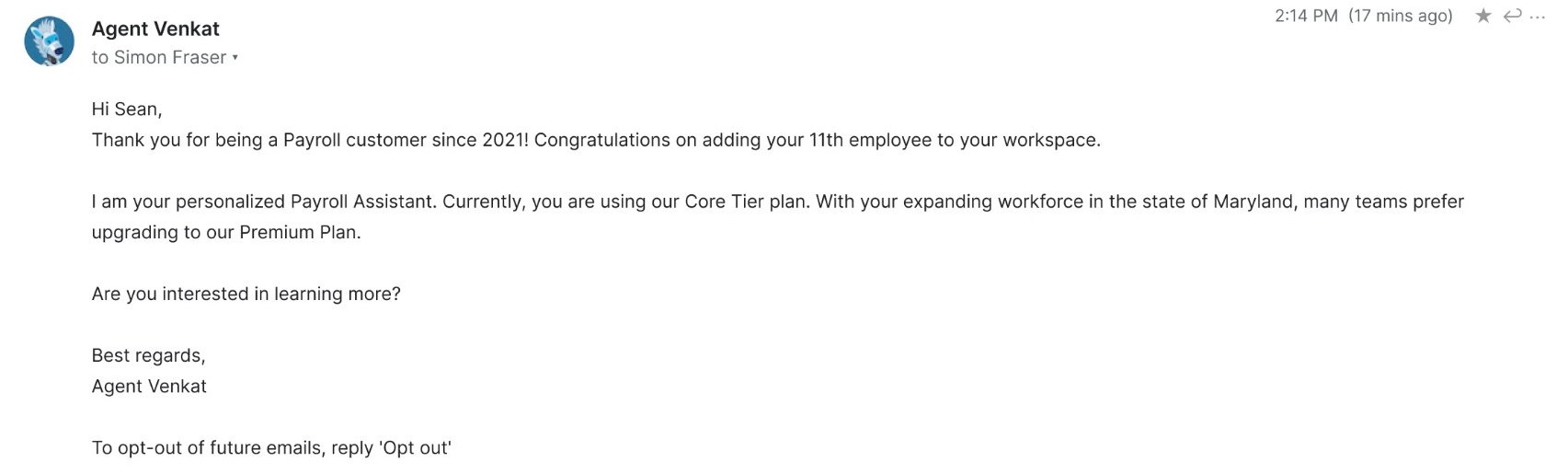 Personalized upsell email that cites the signals